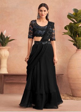 Eye-Catchy Black Satin Lehenga Style Saree