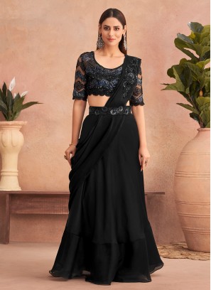Eye-Catchy Black Satin Lehenga Style Saree