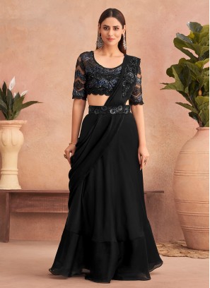 Eye-Catchy Black Satin Lehenga Style Saree