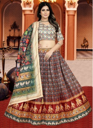 Eye-Catchy Digital Print Silk Brown Designer Lehenga Choli