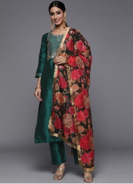 Eye-Catchy Embroidered Silk Blend Teal Pant Style Suit