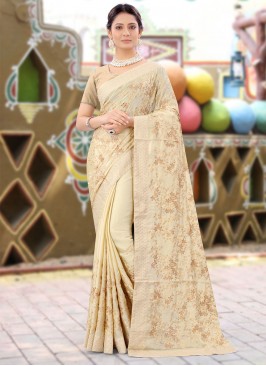 Eye-Catchy Faux Chiffon Beige Embroidered Designer Saree