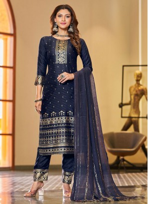 Eye-Catchy Foil Print Navy Blue Readymade Suit 