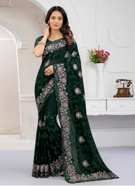 Eye-Catchy Georgette Green Zircon Designer Contemporary Style Saree