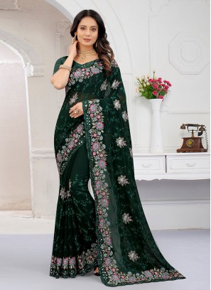 Eye-Catchy Georgette Green Zircon Designer Contemporary Style Saree