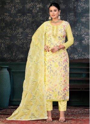Eye-Catchy Handwork Yellow Organza Trendy Salwar Suit