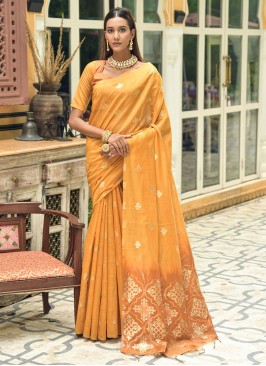 Eye-Catchy Mustard Weaving Chanderi Silk Trendy Saree