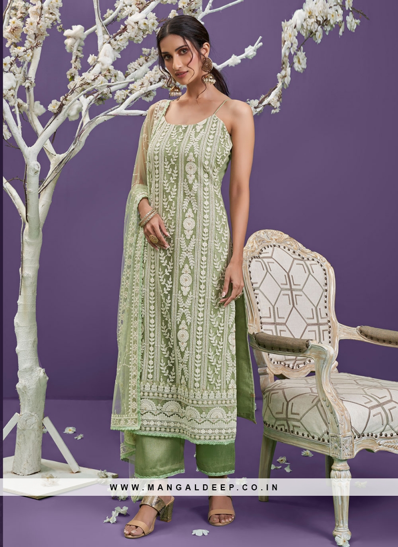 Eye-Catchy Net Embroidered Designer Straight Suit