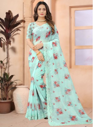 Eye-Catchy Organza Aqua Blue Embroidered Designer Saree