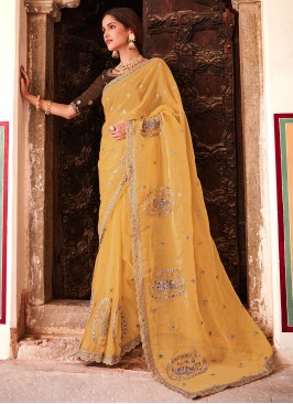 Eye-Catchy Organza Mustard Zari Classic Saree