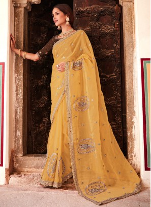 Eye-Catchy Organza Mustard Zari Classic Saree