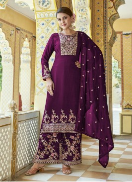 Eye-Catchy Zari Wine Silk Trendy Salwar Suit