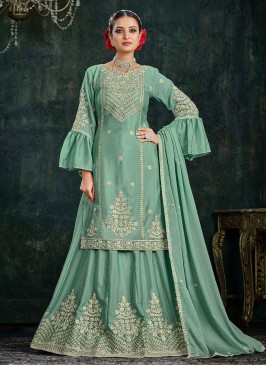 Fab Chinon Resham Sea Green Designer Lehenga Choli