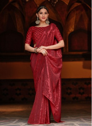 Fab Georgette Sequins Maroon Trendy Saree