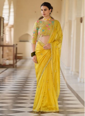 Fab Sequins Yellow Trendy Saree