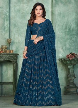 Fab Teal Embroidered Georgette Trendy Lehenga Choli