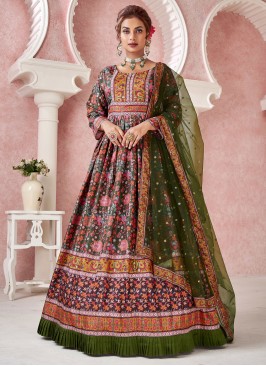 Fabulous Mahendi Embroidered Festive Wear Gown WIth Dupatta