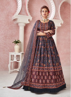 Fabulous Blue Embroidered Festive Wear Gown WIth Dupatta