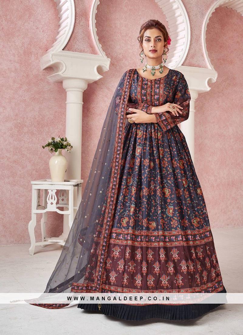 Fabulous Blue Embroidered Festive Wear Gown WIth Dupatta
