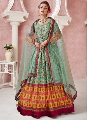 Fabulous Green Embroidered Festive Wear Gown WIth Dupatta