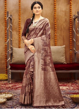 Fabulous Brown Color Party Wear Woven Saree