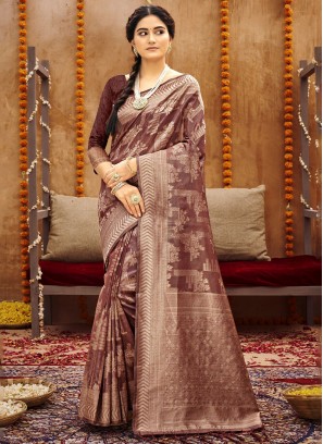 Fabulous Brown Color Party Wear Woven Saree