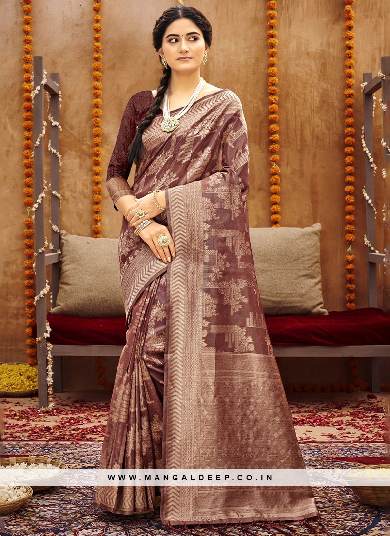 Fabulous Brown Color Party Wear Woven Saree