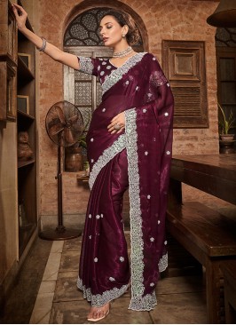 Fabulous Chiffon Embroidered Wine Contemporary Saree