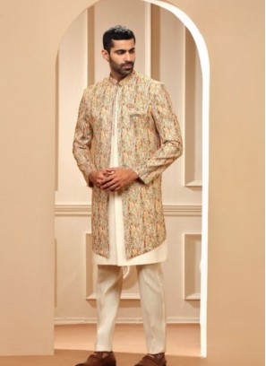 Fabulous Cream Silk Indowestern Suit For Wedding