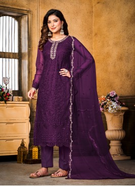 Fabulous Embroidered Purple Net Trendy Salwar Kameez