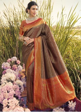 Fabulous Kanjivaram Silk Mehndi Trendy Saree