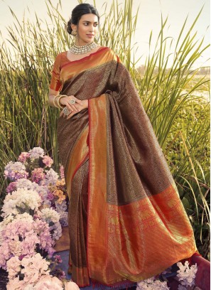 Fabulous Kanjivaram Silk Mehndi Trendy Saree