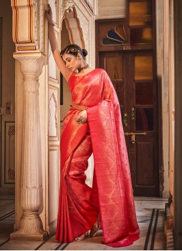 Fabulous Pink Pure Silk Wovwn Designed Wedding Wear Saree