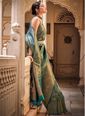 Fabulous Green Pure Silk Wovwn Designed Wedding Wear Saree