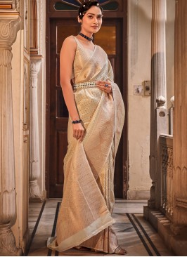 Fabulous Beige Pure Silk Wovwn Designed Wedding Wear Saree