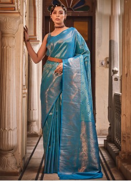 Fabulous Blue Pure Silk Wovwn Designed Wedding Wea