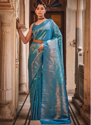 Fabulous Blue Pure Silk Wovwn Designed Wedding Wear Saree