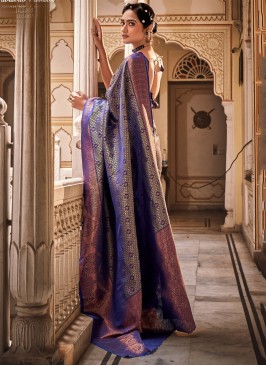 Fabulous Royal Blue Pure Silk Wovwn Designed Wedding Wear Saree