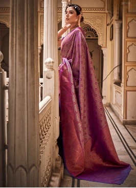 Fabulous Purple Pure Silk Wovwn Designed Wedding Wear Saree