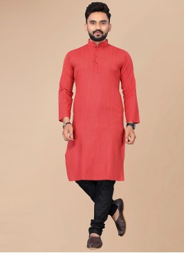 Fabulous Red Color Solid Cotton Men's Kurta