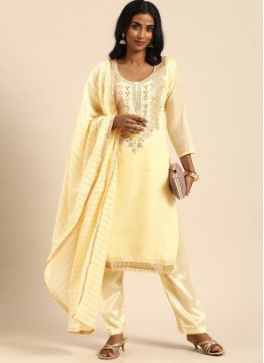 Fabulous Silk Embroidered Beige Salwar Kameez