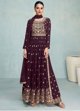 Fanciable Wine Embroidered Georgette Festive Wear Plazo Suit Set