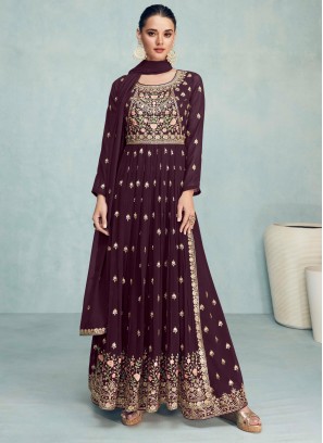 Fanciable Wine Embroidered Georgette Festive Wear Plazo Suit Set