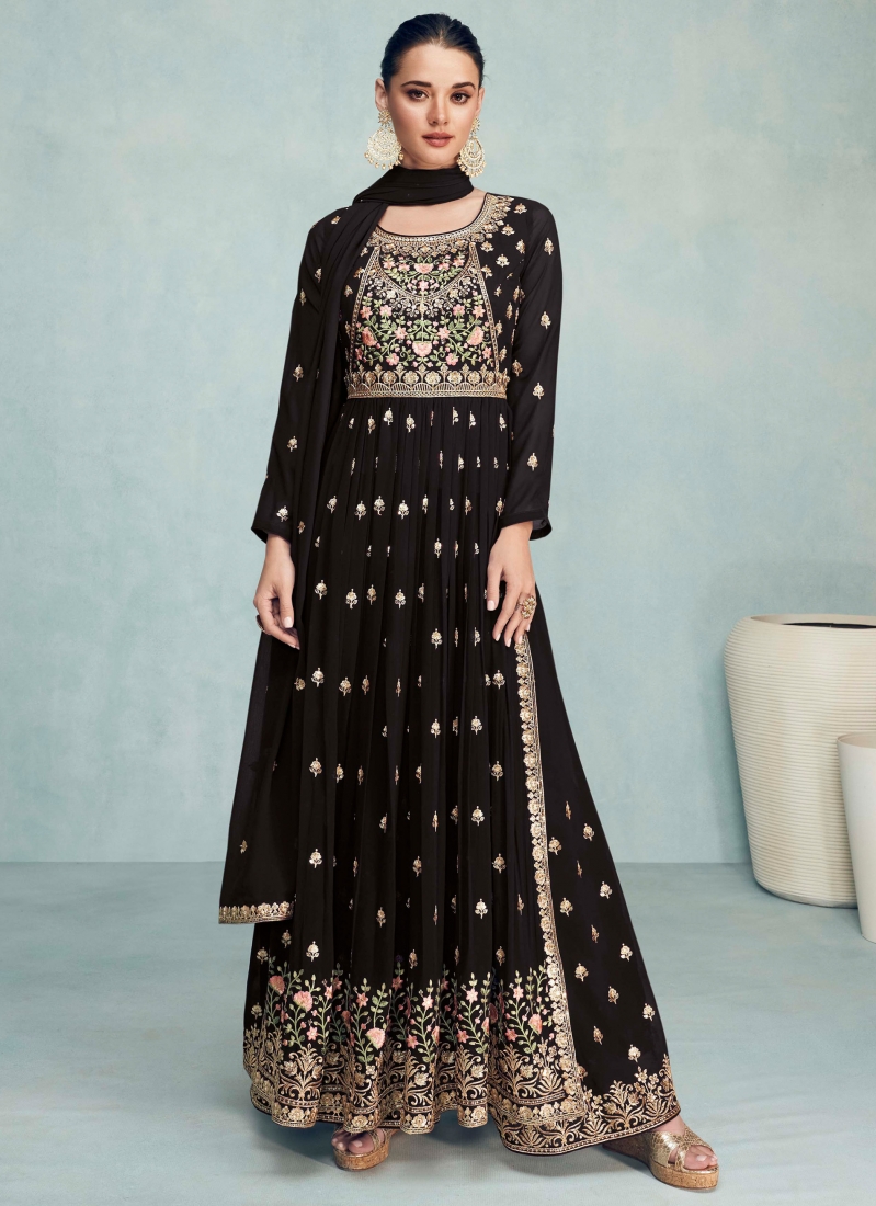 Fanciable Black Embroidered Georgette Festive Wear Plazo Suit Set