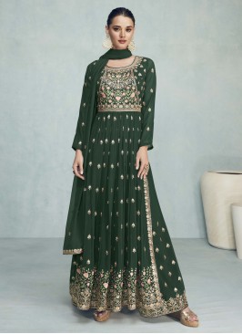 Fanciable Green Embroidered Georgette Festive Wear Plazo Suit Set