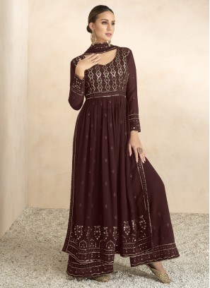 Fanciable Brown Embroidered Georgette Festive Wear Plazo Suit Set