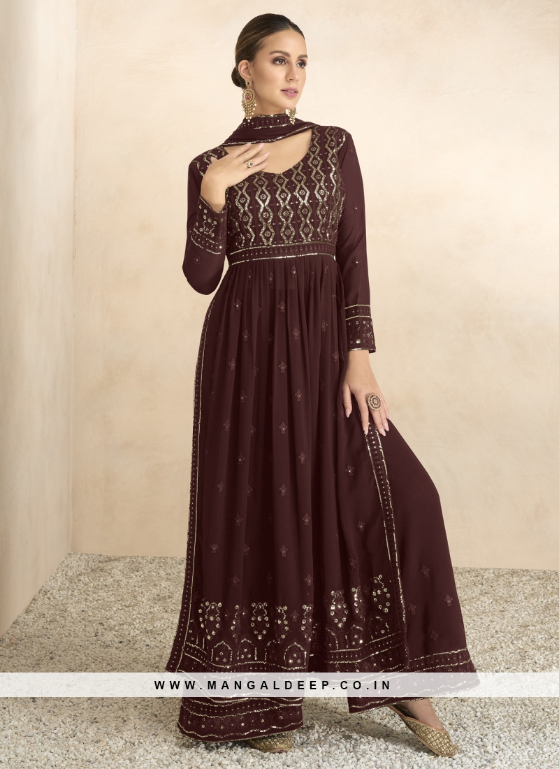 Fanciable Brown Embroidered Georgette Festive Wear Plazo Suit Set