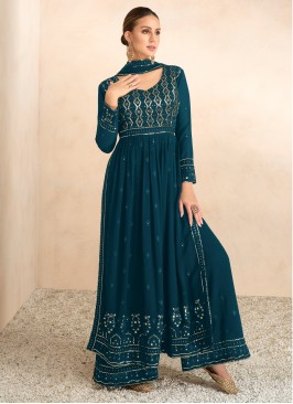 Fanciable Teal Embroidered Georgette Festive Wear Plazo Suit Set