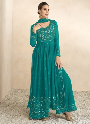 Fanciable Rama Embroidered Georgette Festive Wear Plazo Suit Set