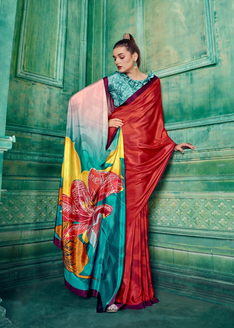 Red crepe saree with peach blouse – Ricco India